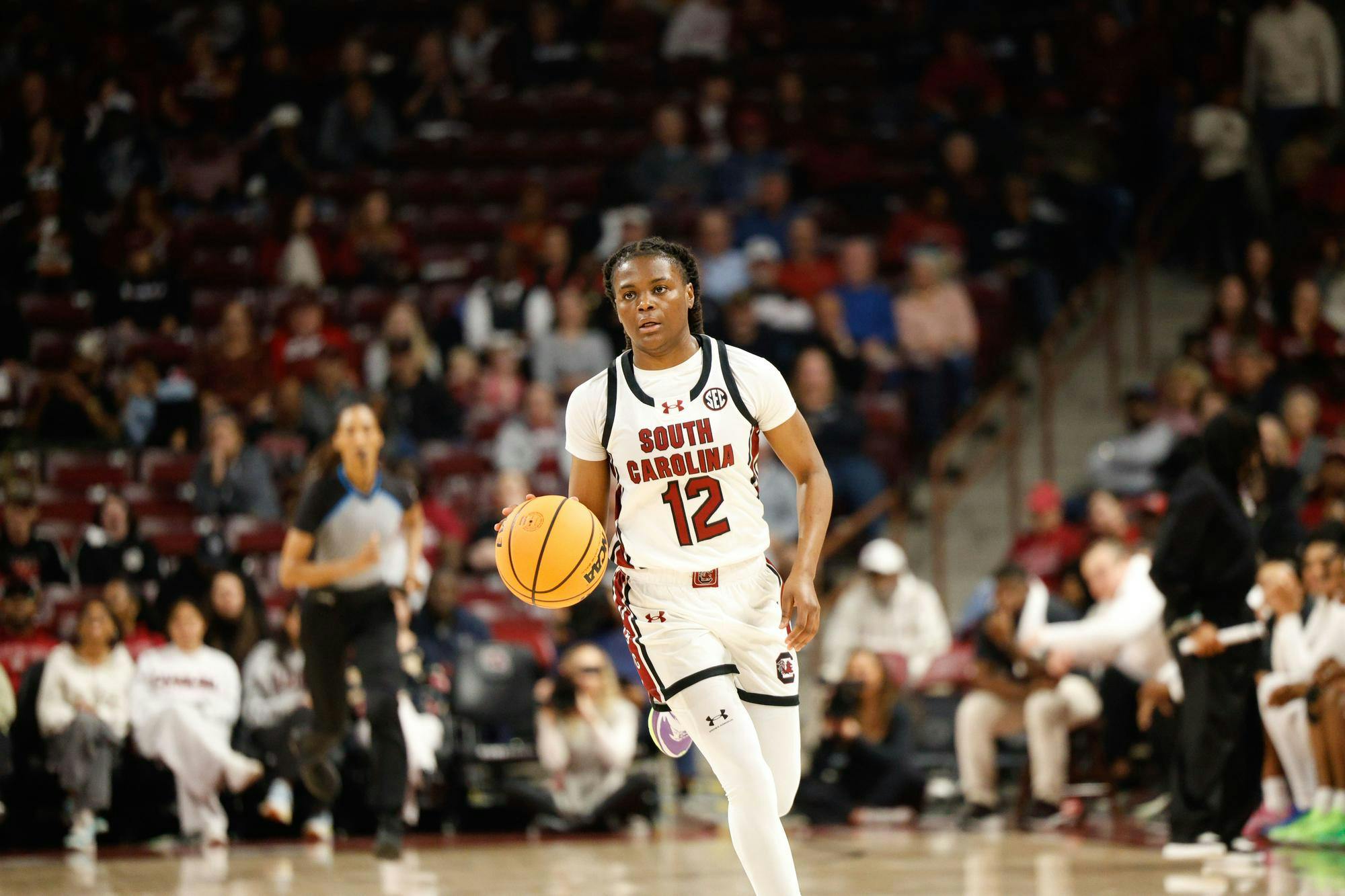 Sophomore guard MiLaysia Fulwiley dribbles the ball during the game against Coppin State on Nov. 14, 2024. Fulwiley scored the most points in the game with 23 total points.
