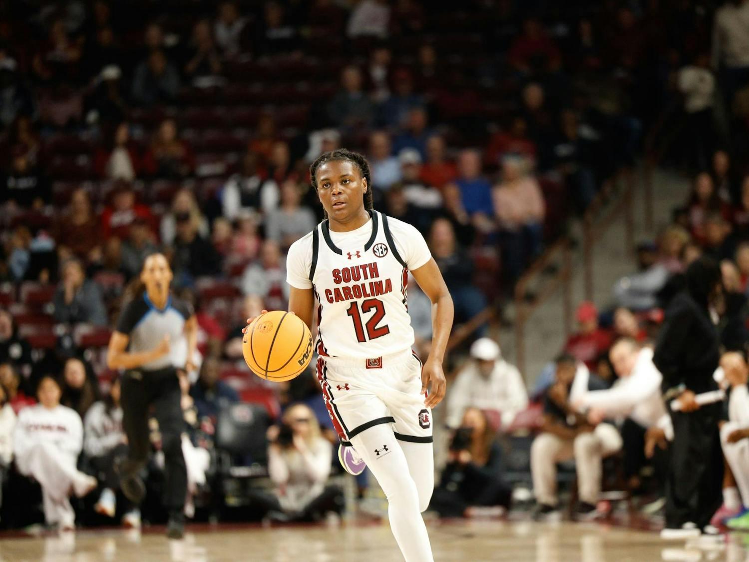 Sophomore guard MiLaysia Fulwiley dribbles the ball during the game against Coppin State on Nov. 14, 2024. Fulwiley scored the most points in the game with 23 total points.