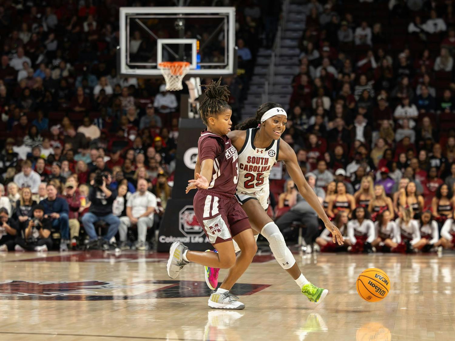 Gamecock sophomore guard Raven Johnson stops a Mississippi State player at Colonial Life Arena on Jan. 7, 2024. Johnson totaled four defensive rebounds in the 85-66 victory over the Bulldogs.