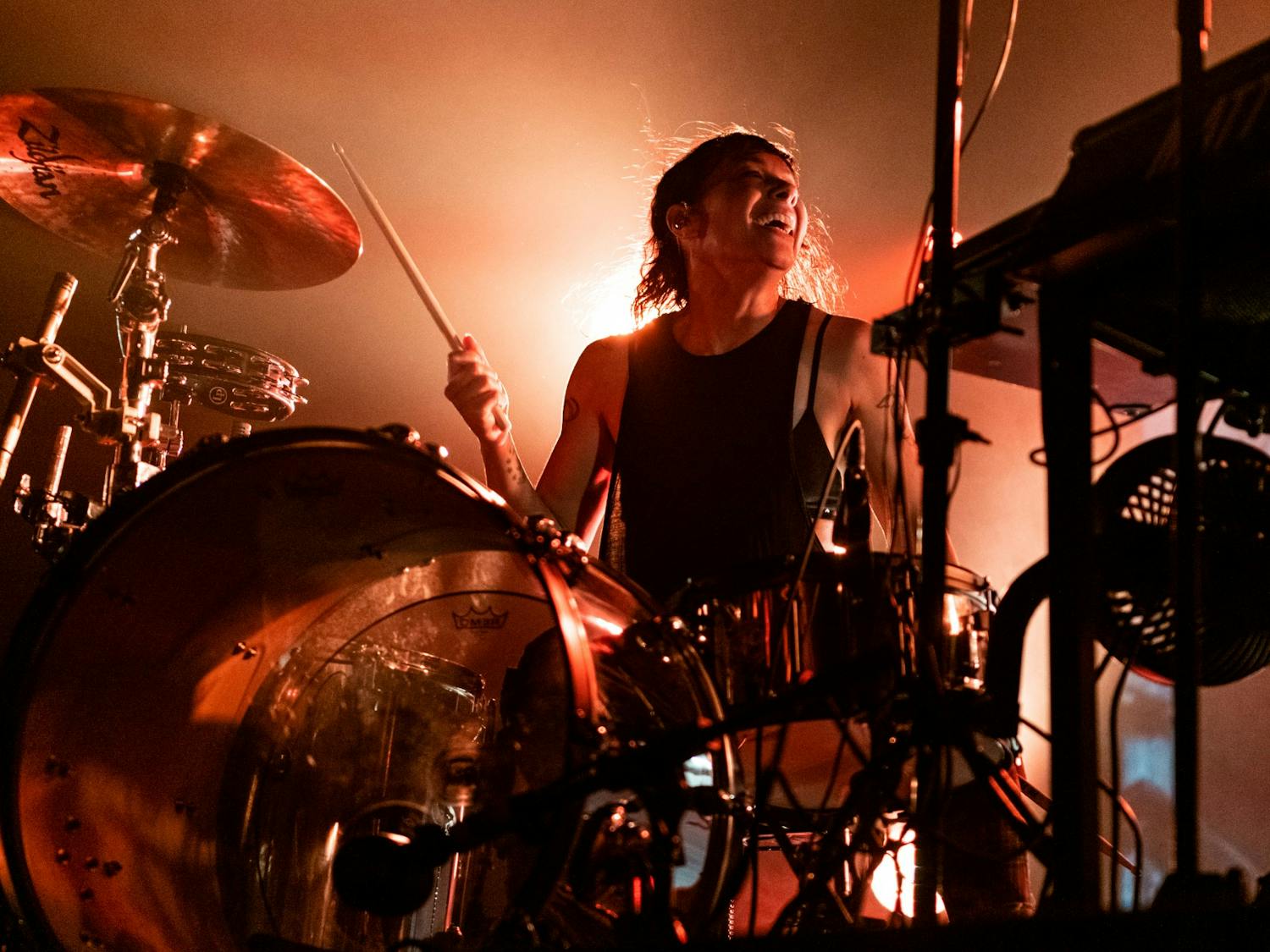 Kim Schifino plays drums during her band’s show in Columbia. This show was part of the “Grand 10-Year Celebration Tour.”