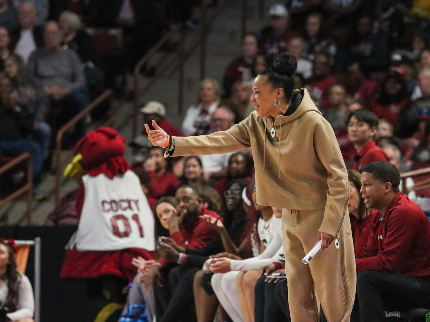 Head coach Dawn Staley smiles as South Carolina leads in the second round of the NCAA Women’s Tournament against North Carolina on March 24, 2024. Staley and the Gamecocks are looking to secure their fifth trip to the Final Four.