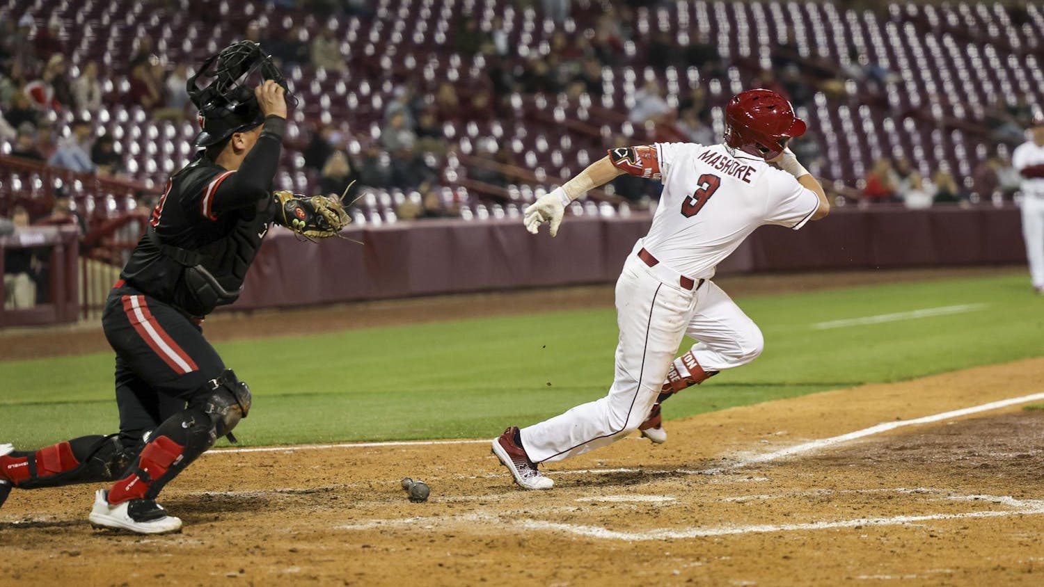 Senior outfielder Dalton Mashore runs after a hit during the South Carolina faceoff against Gardner-Webb at Founders Park on Feb. 25, 2025. Mashore had one hit during the Gamecocks' 14-4 victory over the Bulldogs.