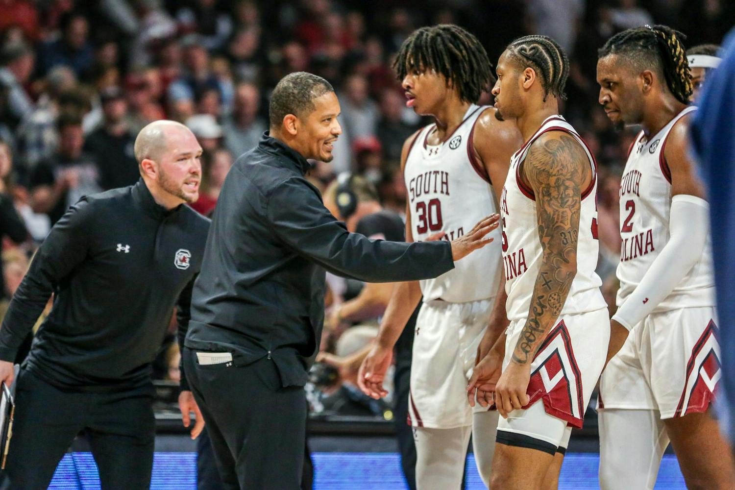 FILE- Head coach Lamont Paris speaks to players during a timeout in the second half of South Carolina's game against LSU on Feb. 17, 2024 at Colonial Life Arena. The ɫɫƵs fell to the Oregon Ducks in the first round of the NCAA tournament on March 21, 2024.