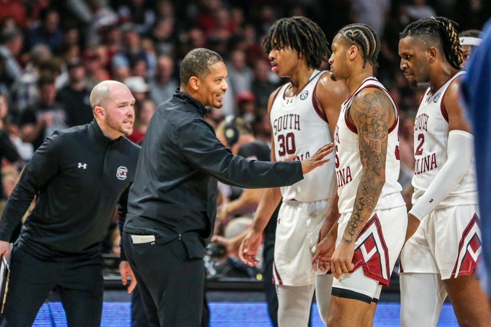 <p>FILE- Head coach Lamont Paris speaks to players during a timeout in the second half of South Carolina's game against LSU on Feb. 17, 2024 at Colonial Life Arena. The Gamecocks fell to the Oregon Ducks in the first round of the NCAA tournament on March 21, 2024.</p>