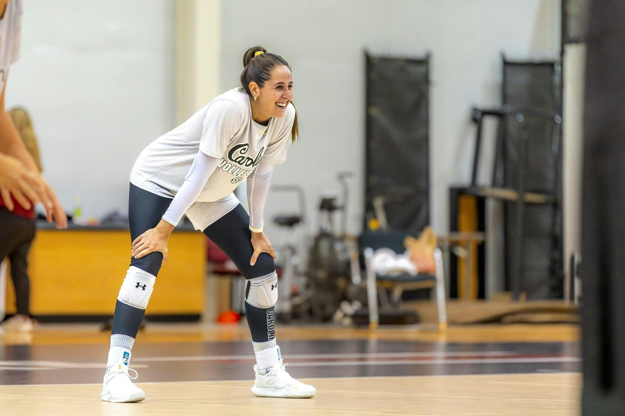Junior outside hitter Jolie Cranford laughs while preparing for a drill during practice on Aug. 18, 2024 at the Carolina Volleyball Center. This is Cranford's first season playing indoor volleyball for the Gamecocks after two seasons on the beach volleyball team.