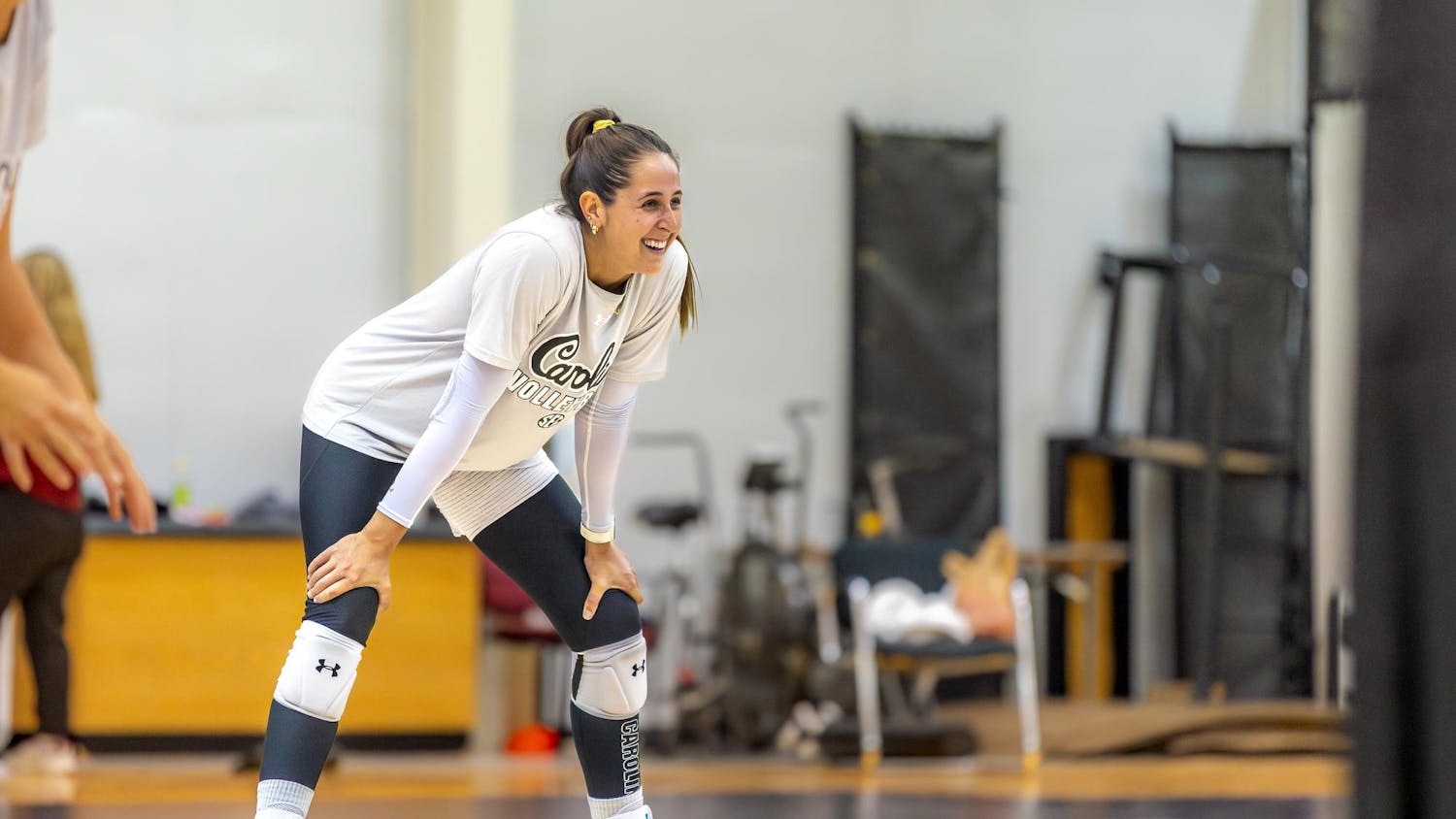 Junior outside hitter Jolie Cranford laughs while preparing for a drill during practice on Aug. 18, 2024 at the Carolina Volleyball Center. This is Cranford's first season playing indoor volleyball for the Gamecocks after two seasons on the beach volleyball team.