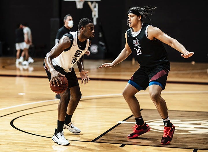 Junior Alanzo Frink guards sophomore Wildens Leveque during the first men's basketball practice of the season on Oct. 14. The Southeastern Conference is set to begin on Dec. 29.