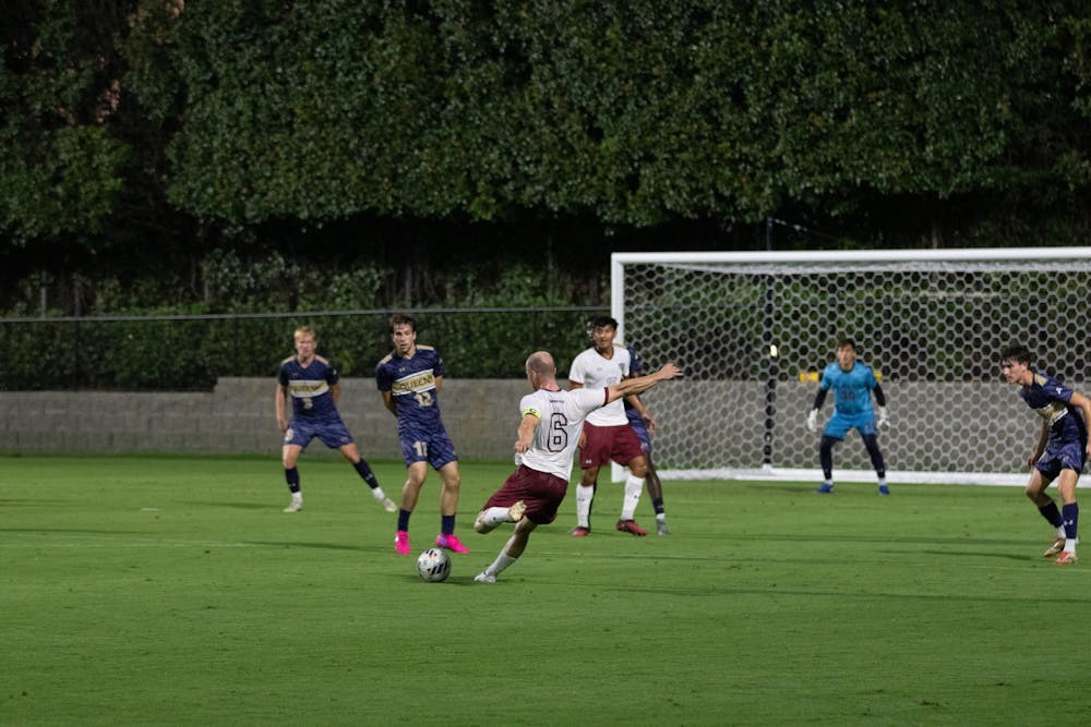 <p>FILE — Junior midfielder Mika Habel rips a shot on goal in the men’s soccer game against Queens on Sept. 23, 2025. Habel dribbled a defender then cut in to rip a shot that soared over the goal.</p>