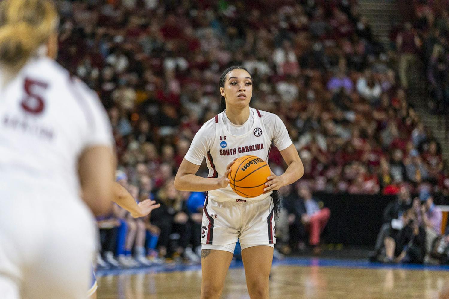 Senior guard Brea Beal looks for a teammate to pass the ball to during the matchup between South Carolina and UCLA on March 25, 2023. The Gamecocks beat the Bruins 59-43 and will move on to the Elite Eight tournament on March 27, 2023, against the University of Maryland.