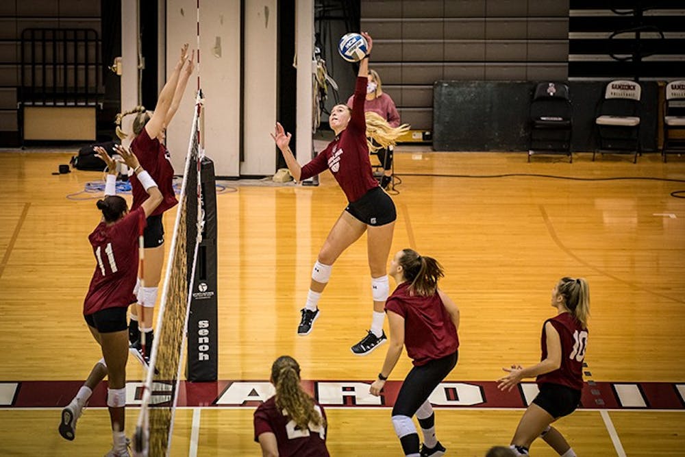 Sophomore Holly Eastridge spikes the ball during a practice scrimmage. South Carolina opens SEC play at Alabama on Jan. 29.