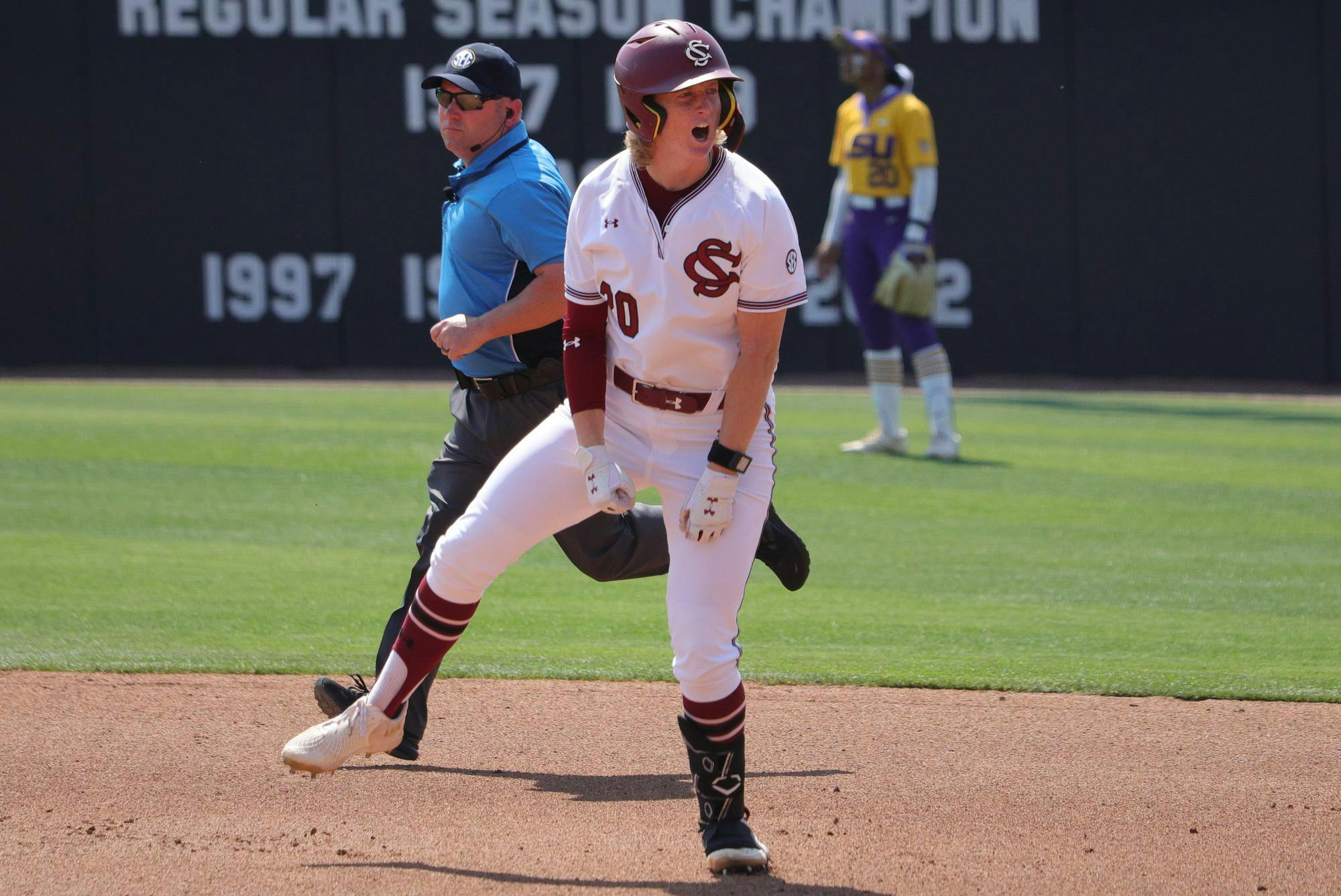 Senior catcher Jamie Mackay reacts after hitting a home run against LSU at Carolina Softball Stadium at Beckham Field in Columbia, South Carolina, on March 22, 2026. Mackay’s solo shot accounted for the Gamecocks’ lone run in the 2-1 loss.