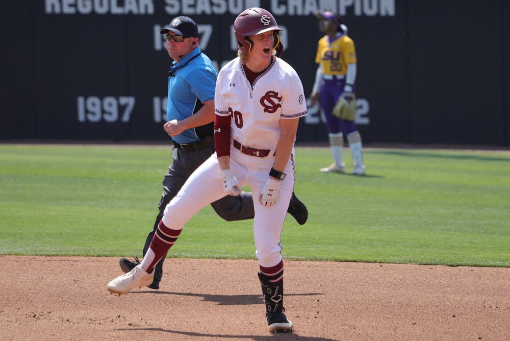 <p>Senior catcher Jamie Mackay reacts after hitting a home run against LSU at Carolina Softball Stadium at Beckham Field in Columbia, South Carolina, on March 22, 2026. Mackay’s solo shot accounted for the Gamecocks’ lone run in the 2-1 loss.</p>