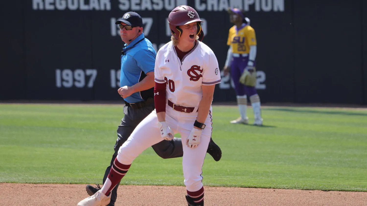 Senior catcher Jamie Mackay reacts after hitting a home run against LSU at Carolina Softball Stadium at Beckham Field in Columbia, South Carolina, on March 22, 2026. Mackay’s solo shot accounted for the Gamecocks’ lone run in the 2-1 loss.