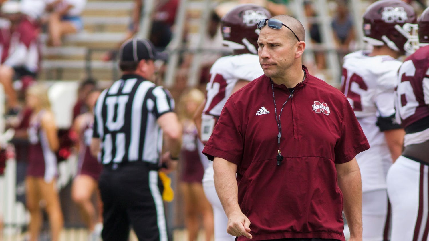 Head coach Zach Arnett of Mississippi State studies his team during the break of play. Mississippi State is currently 2-1 for its 2023 football season.