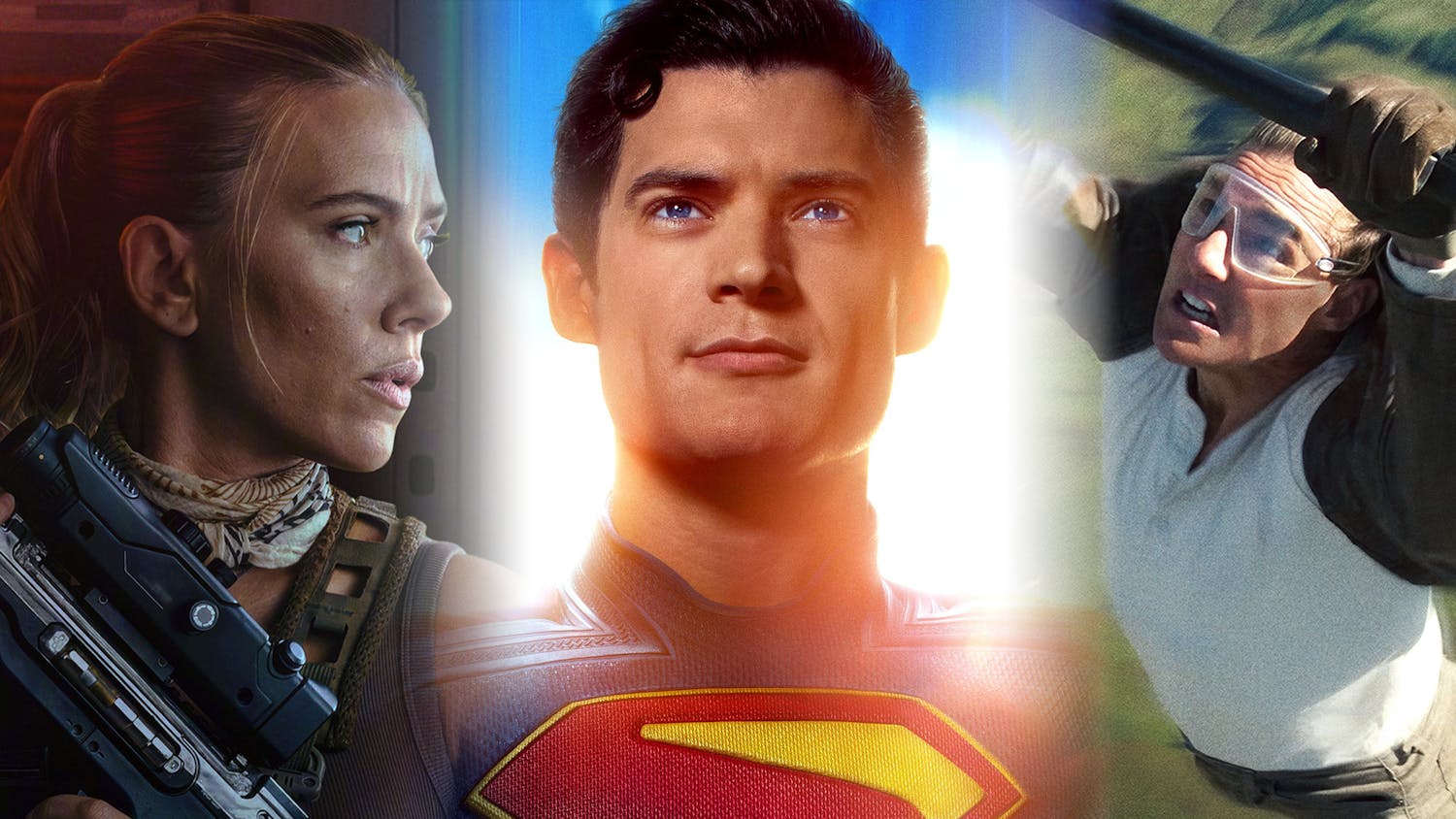 A photographic featuring Scarlett Johansson in Jurassic World: Rebirth, David Corenswet in Superman, and Tom Cruise in Mission: Impossible - The Final Reckoning.
