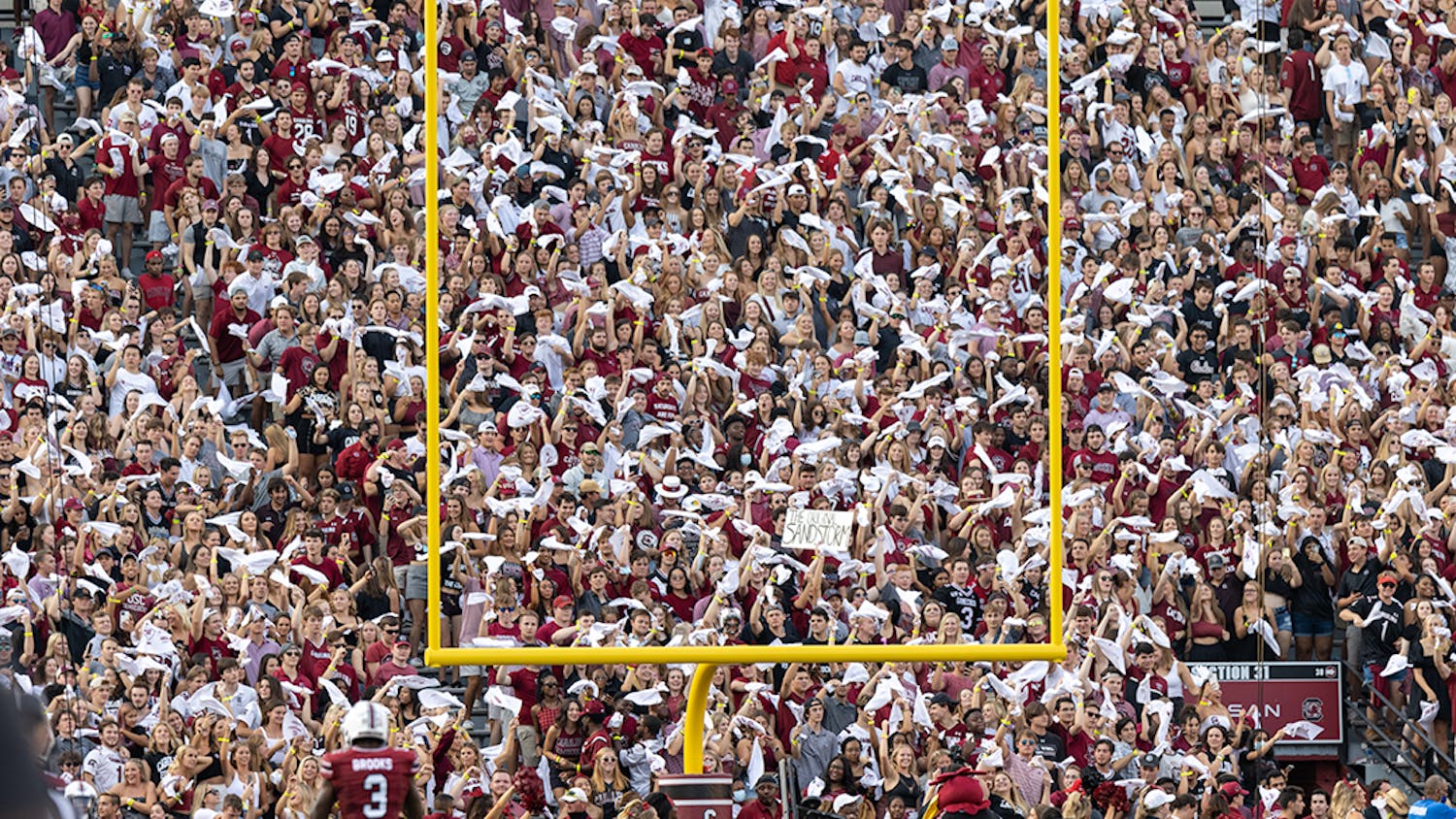 The Sandstorm begins in the student section as rally towels are flailed around. The celebration occurred after a great play during the Gamecocks vs. Eastern Illinois on Sept. 4, 2021.