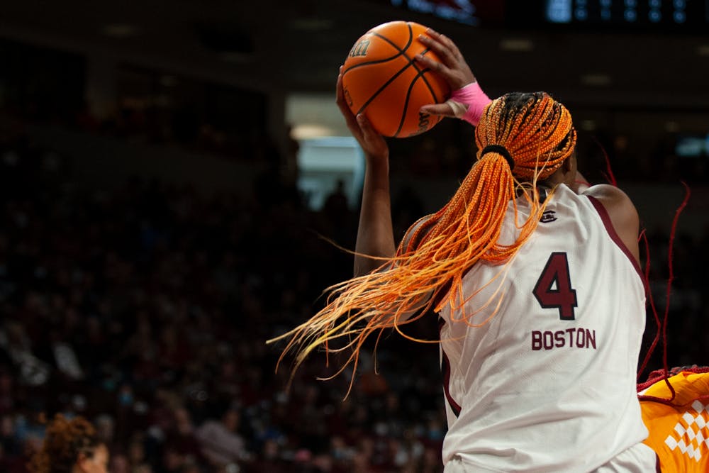 FILE—Junior guard Aliyah Boston rebounds the ball as she works towards her 19th straight double double on Sunday Feb. 20, 2022 at Colonial Life Arena against the Tennessee Volunteers. Boston led the Gamecocks with 16 points and 12 rebounds. 