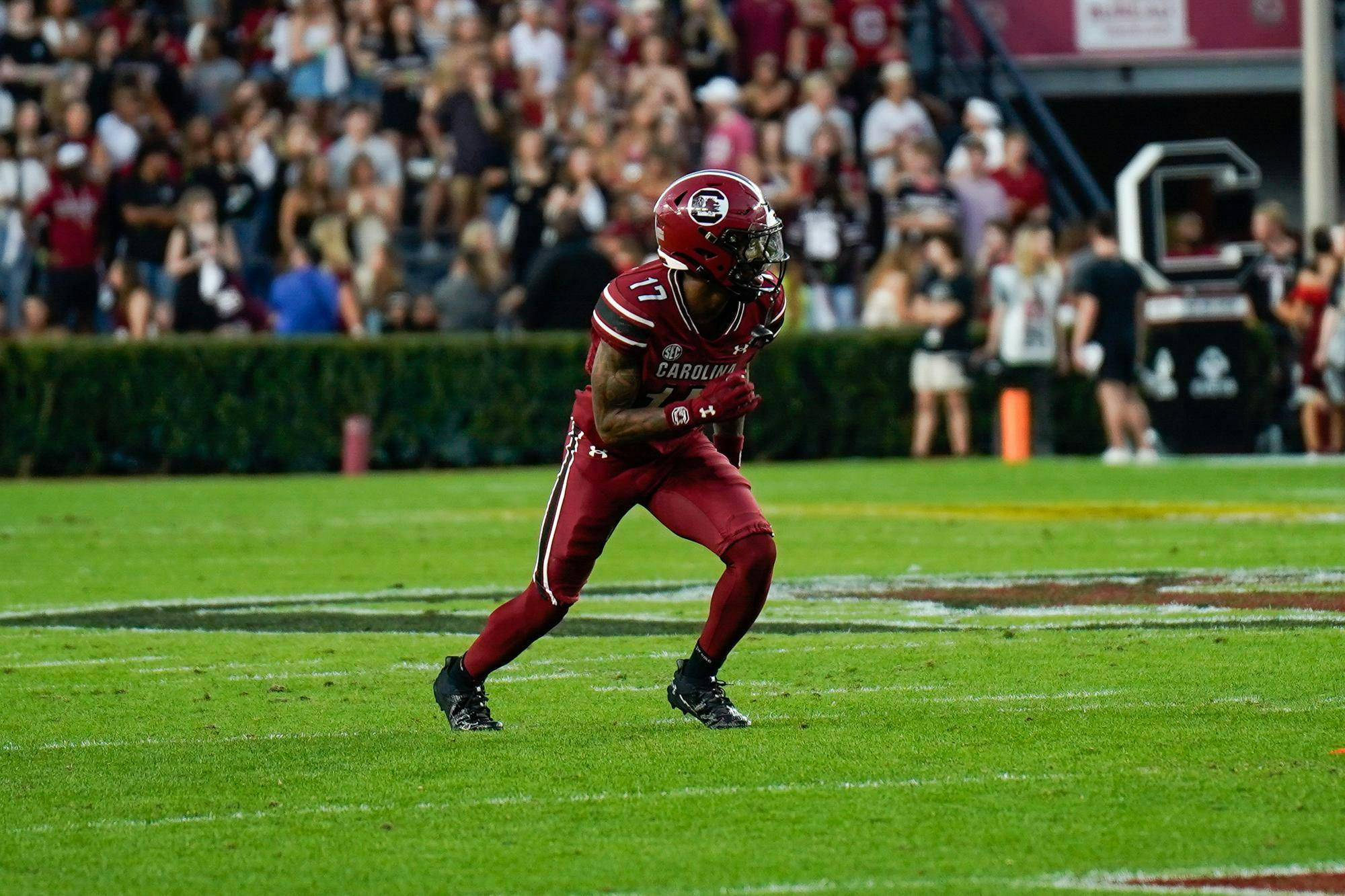 Freshman wide receiver Jayden Sellers lines up at the line of scrimmage ahead of a play against Coastal Carolina at Williams-Brice Stadium on Nov. 22, 2025. Sellers caught for 127 yards on four receptions, scoring one touchdown against the Chanticleers.