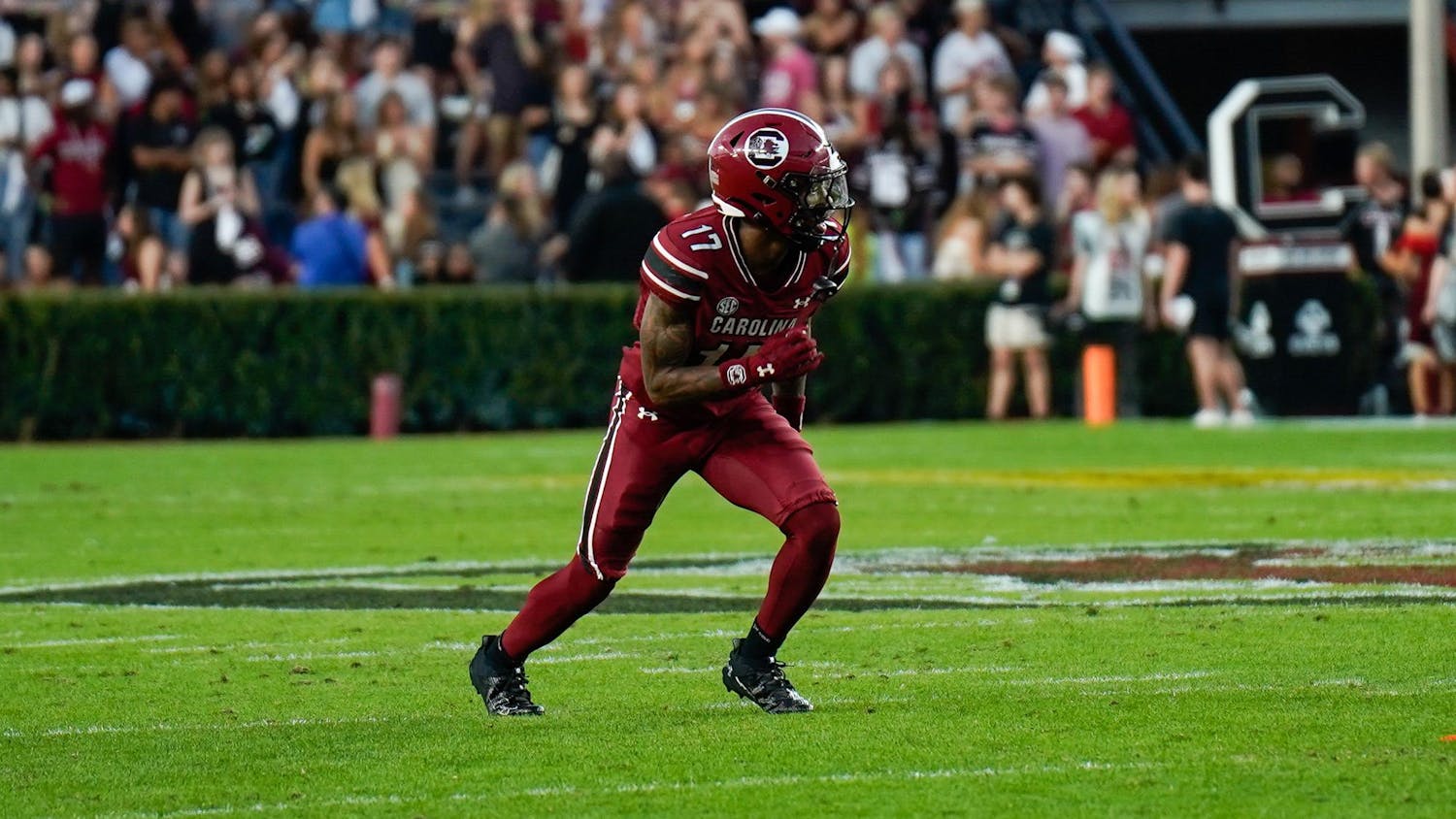 Freshman wide receiver Jayden Sellers lines up at the line of scrimmage ahead of a play against Coastal Carolina at Williams-Brice Stadium on Nov. 22, 2025. Sellers caught for 127 yards on four receptions, scoring one touchdown against the Chanticleers.