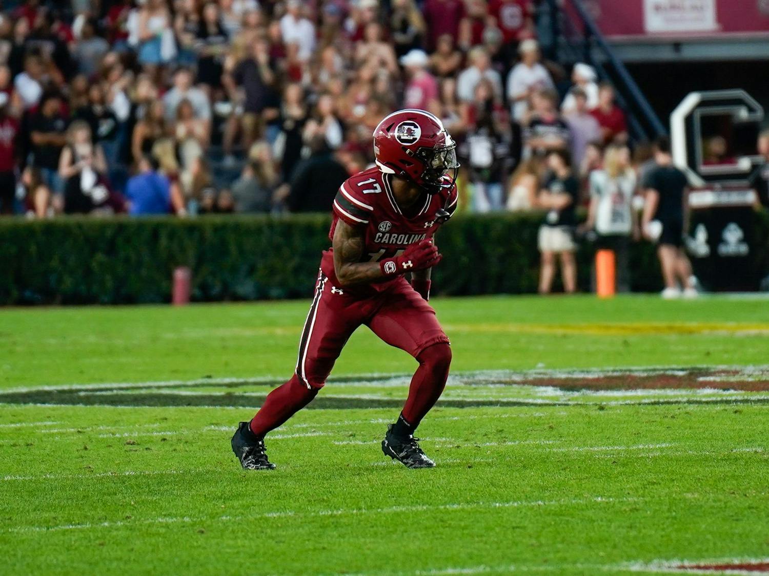 Freshman wide receiver Jayden Sellers lines up at the line of scrimmage ahead of a play against Coastal Carolina at Williams-Brice Stadium on Nov. 22, 2025. Sellers caught for 127 yards on four receptions, scoring one touchdown against the Chanticleers.
