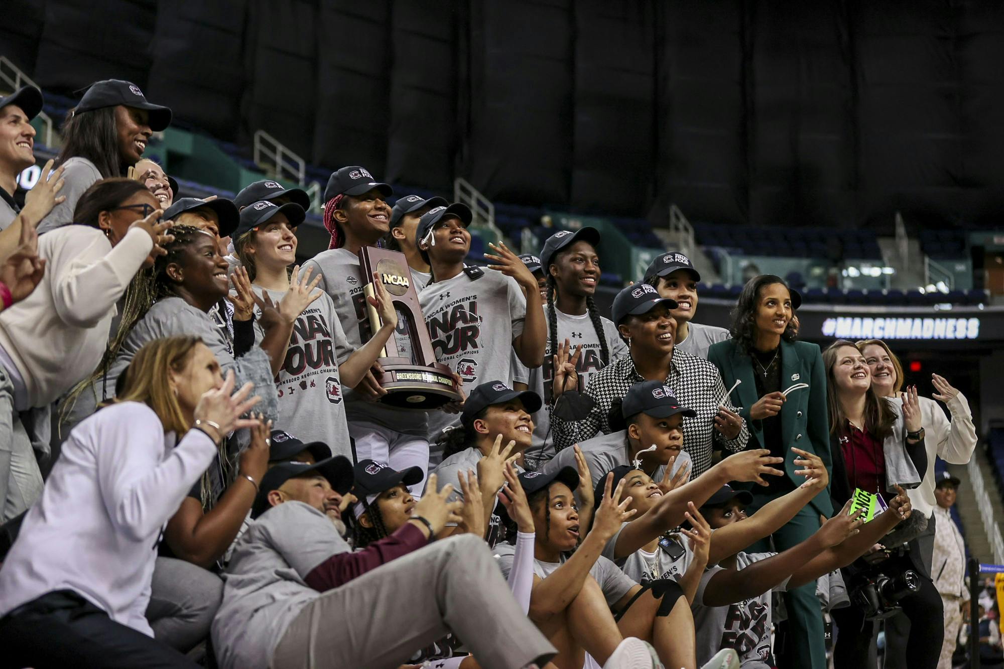 The South Carolina women's basketball team celebrates after winning 80-50 against Creighton in the Elite Eight. The win propelled the team to the Final Four.&nbsp;