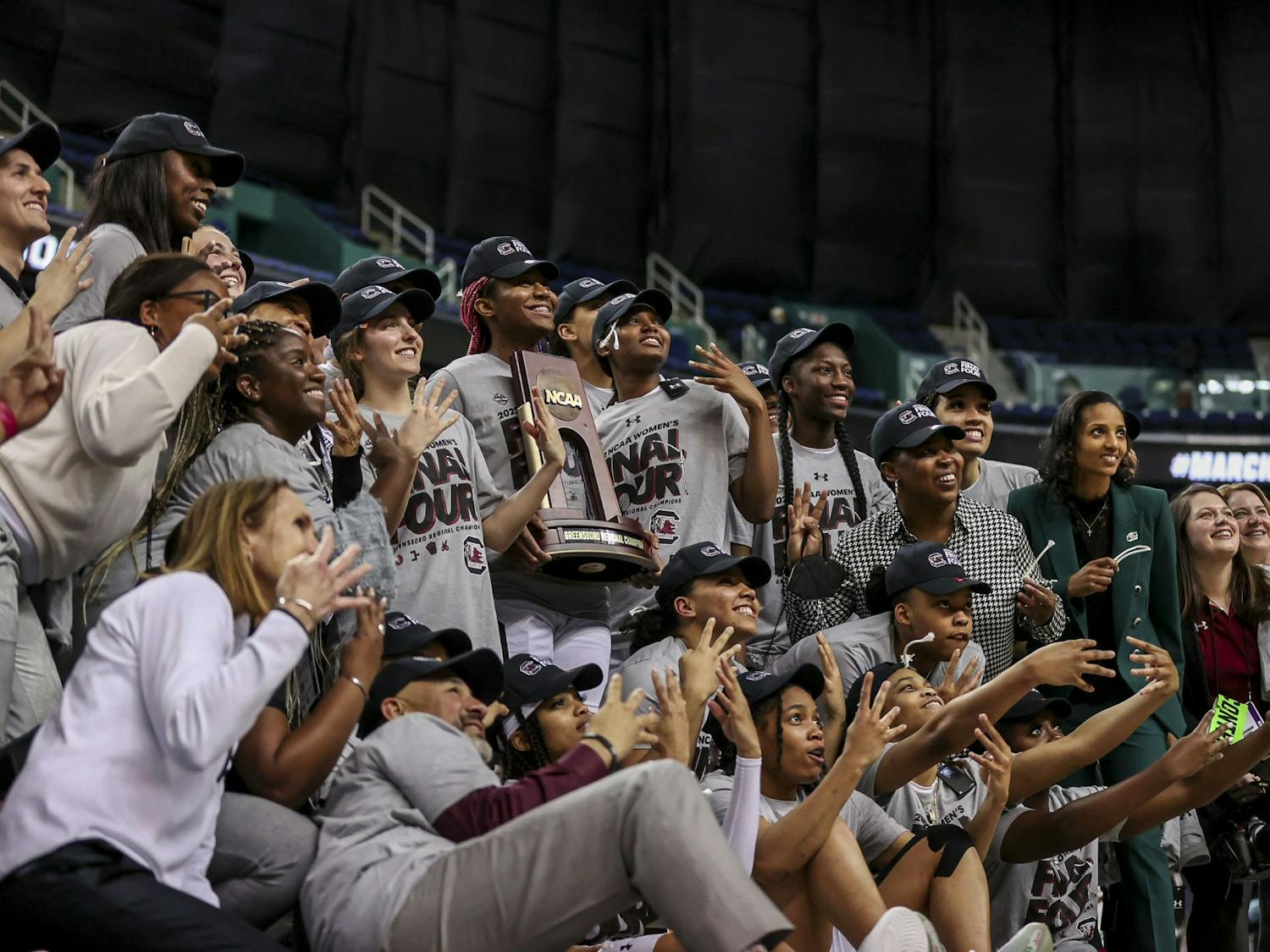 The South Carolina women's basketball team celebrates after winning 80-50 against Creighton in the Elite Eight. The win propelled the team to the Final Four.&nbsp;