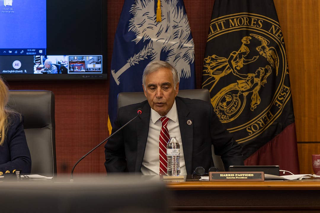 Interim President Harris Pastides speaks at the Fall 2021 Board of Trustees Retreat in the Pastides Alumni Center.