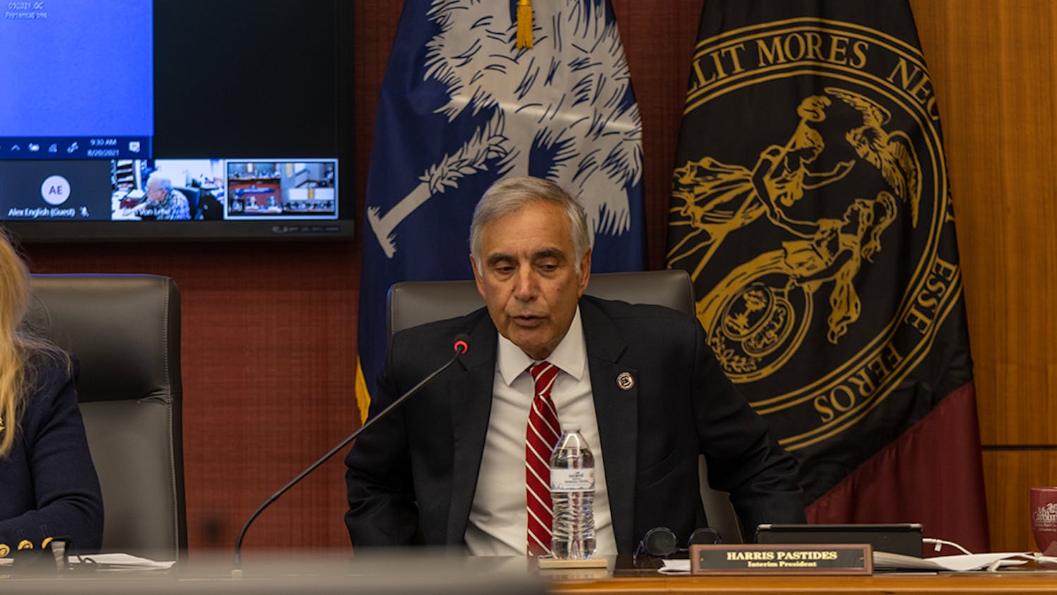 Interim President Harris Pastides speaks at the Fall 2021 Board of Trustees Retreat in the Pastides Alumni Center.