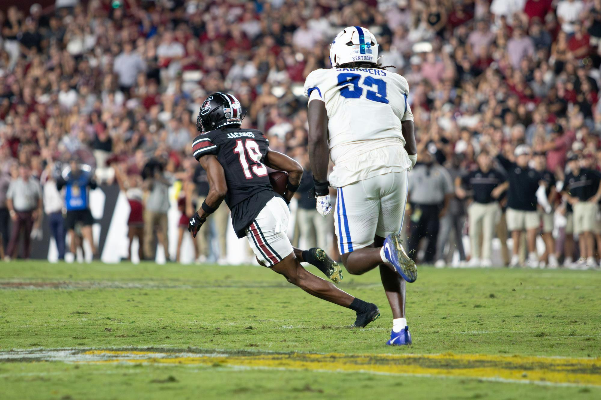 FILE — Redshirt sophomore wide receiver Vandrevius Jacobs runs the ball downfield after a catch against Kentucky at Williams-Brice Stadium on Sept. 27, 2025. The Gamecocks are 3-2 (1-2 SEC) on the season heading into their first bye week.