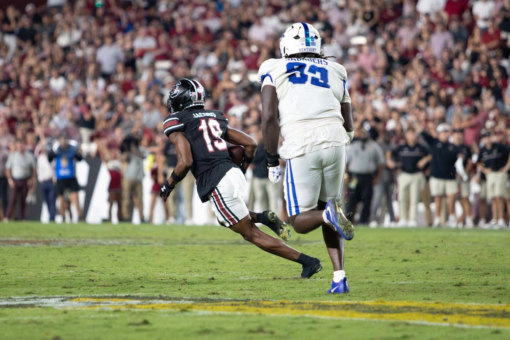 <p>FILE — Redshirt sophomore wide receiver Vandrevius Jacobs runs the ball downfield after a catch against Kentucky at Williams-Brice Stadium on Sept. 27, 2025. The Gamecocks are 3-2 (1-2 SEC) on the season heading into their first bye week.</p>