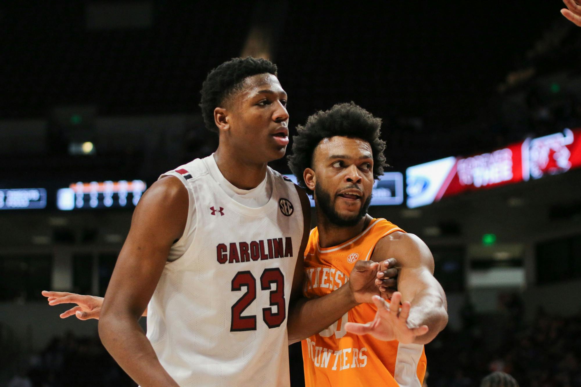 Freshman forward GG Jackson boxes out his opponent on Jan. 7, 2023. The Gamecocks lost to the Volunteers 85-42.