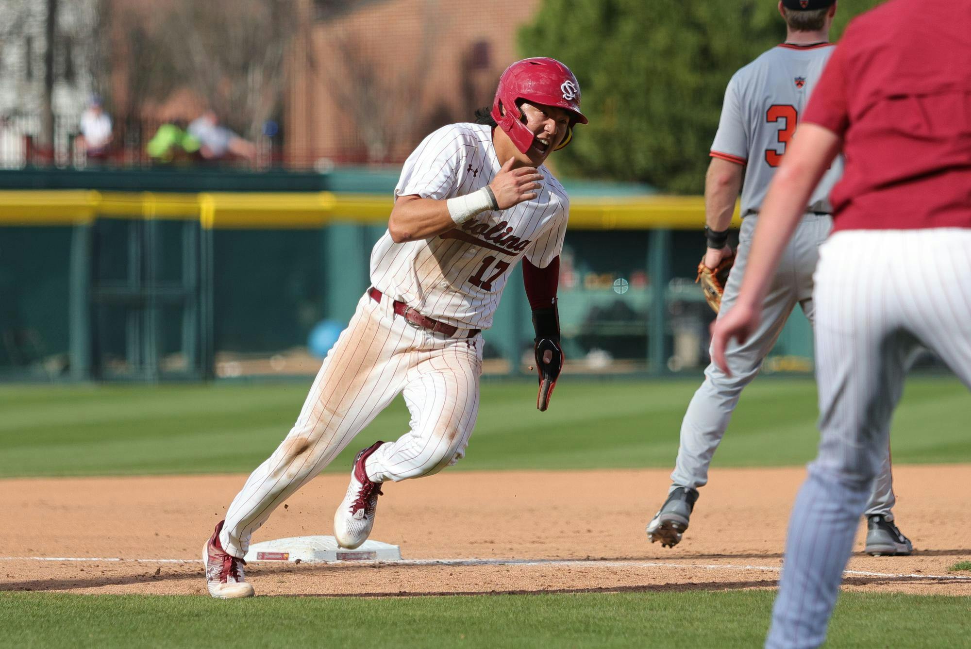 Junior outfielder Tyler Bak rounds third base during South Carolina’s game against Princeton at Founders Park on March 7, 2026. He turns the corner as he heads toward home plate.