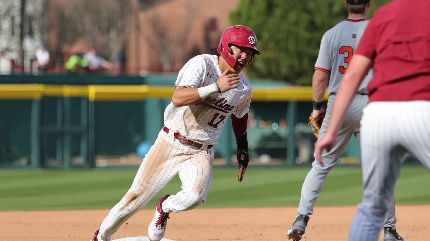 Junior outfielder Tyler Bak rounds third base during South Carolina’s game against Princeton at Founders Park on March 7, 2026. He turns the corner as he heads toward home plate.