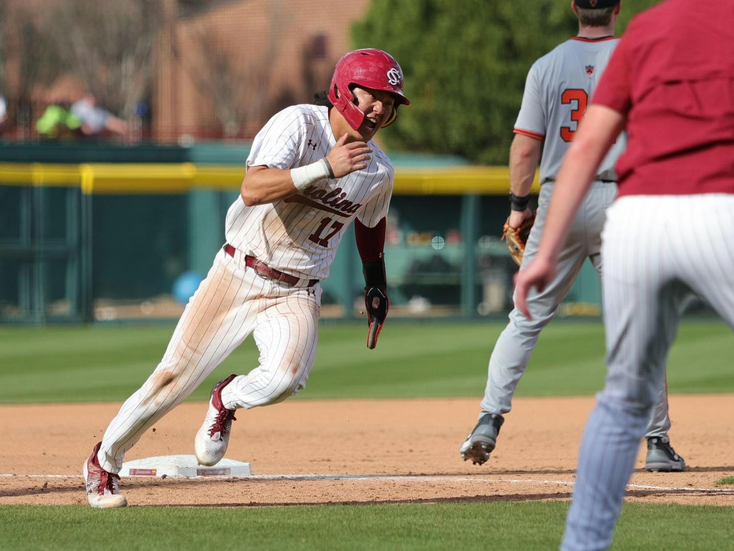 Junior outfielder Tyler Bak rounds third base during South Carolina’s game against Princeton at Founders Park on March 7, 2026. He turns the corner as he heads toward home plate.