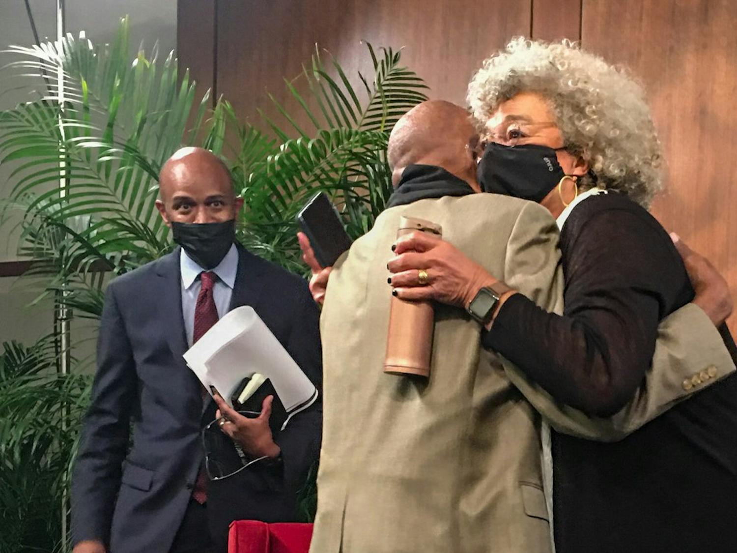 Dr. Angela Davis hugs Andrew Billingsley following her lecture with Nikky Finney on April 21, 2022. This year's lecture marks the 50th year of the annual Robert Smalls Lecture first given by Billingsley.