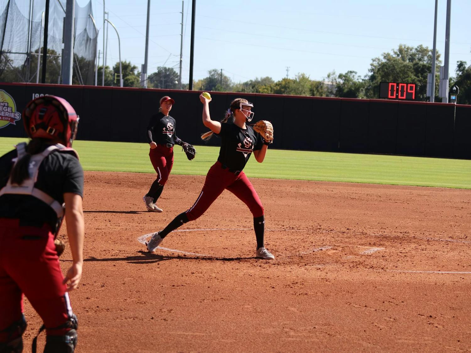 Sophmore pitcher Nealy Lamb turns to make a throw to first base on Oct. 12, 2024, during an exhibition game against USC Aiken. The Gamecocks won't start the new season until the spring but have competed in many exhibition games in the fall.