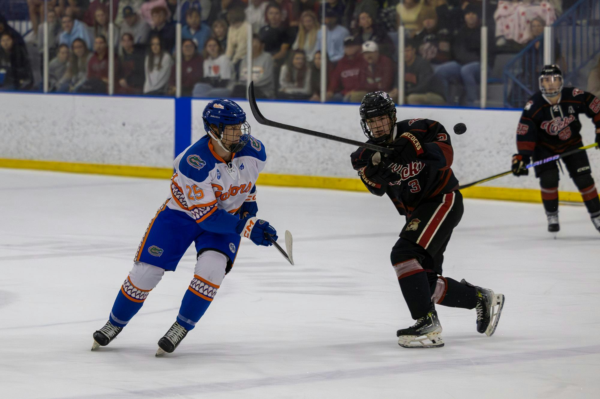 Senior defenseman Brendan Flaherty (right) shoots the puck away from a Florida player during South Carolina's game on Sept. 26, 2025, at Flight Adventure Park. The Gamecocks defeated the Gators 4-2, scoring three goals in the third period.