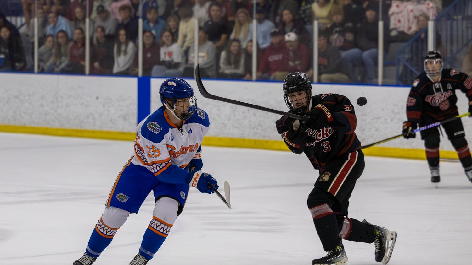 Senior defenseman Brendan Flaherty (right) shoots the puck away from a Florida player during South Carolina's game on Sept. 26, 2025, at Flight Adventure Park. The Gamecocks defeated the Gators 4-2, scoring three goals in the third period.
