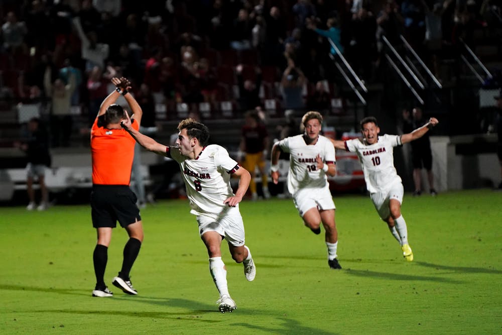 <p>Sophomore midfielder Ethan Dekel Daks celebrates with his team after scoring the game-winning goal against Old Dominion at Stone Stadium on Oct. 7, 2023. The Gamecocks defeated the Monarchs 1-0, with Dekel Daks scoring the lone goal off of a free kick in the final five seconds of the game. </p>