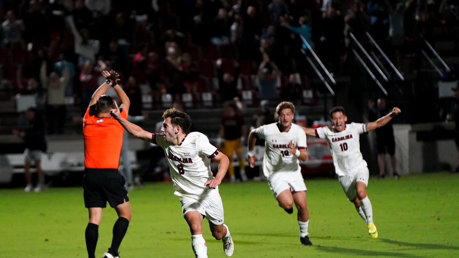 Sophomore midfielder Ethan Dekel Daks celebrates with his team after scoring the game-winning goal against Old Dominion at Stone Stadium on Oct. 7, 2023. The Gamecocks defeated the Monarchs 1-0, with Dekel Daks scoring the lone goal off of a free kick in the final five seconds of the game.