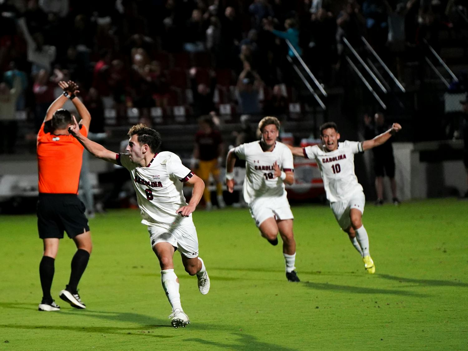 Sophomore midfielder Ethan Dekel Daks celebrates with his team after scoring the game-winning goal against Old Dominion at Stone Stadium on Oct. 7, 2023. The Gamecocks defeated the Monarchs 1-0, with Dekel Daks scoring the lone goal off of a free kick in the final five seconds of the game.