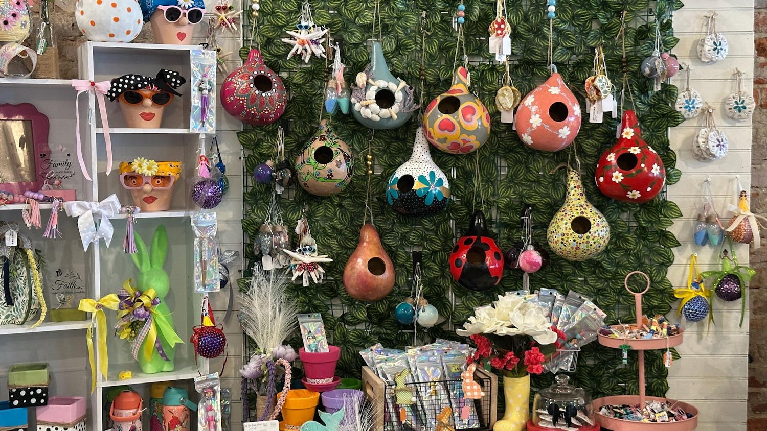 On April 3 at Feathered Nest, this booth shows all kinds of home decorations, including pots, flowers and Easter decorations for customers.