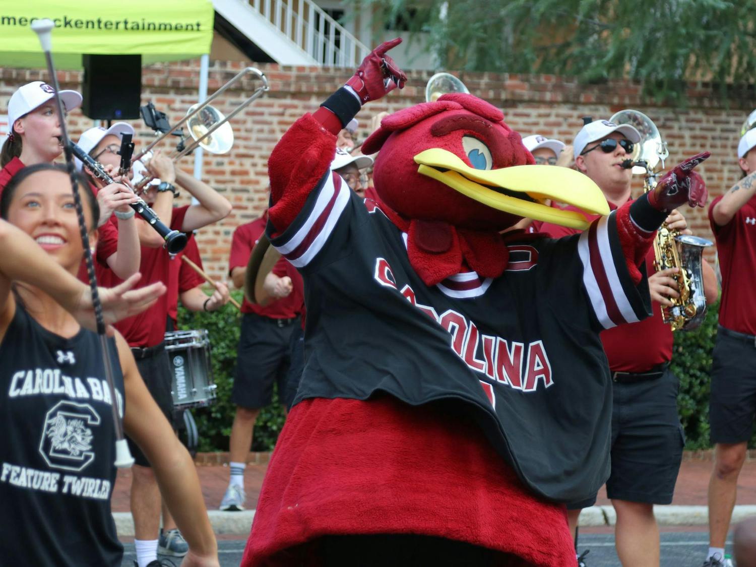 USC’s mascot, Cocky, dances while the Carolina Band and cheerleaders perform for students during Carolina Kickoff on Aug. 30, 2024. The event, hosted by Gamecock Entertainment, aimed to get students excited about the upcoming football season.