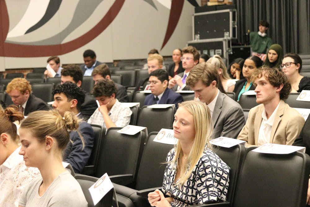 <p>The student senate meeting at Russell House on Oct. 15, 2025. The meeting was held at the Russell House Theater on the second floor.</p>