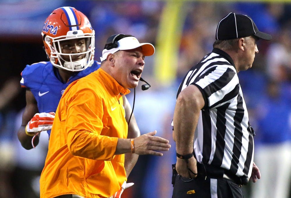 Tennessee head coach Butch Jones against Florida at Ben Hill Griffin Stadium in Gainesville, Fla., on Saturday, Sept. 26, 2015. The host Gators won, 28-27. (Joe Burbank/Orlando Sentinel/TNS)