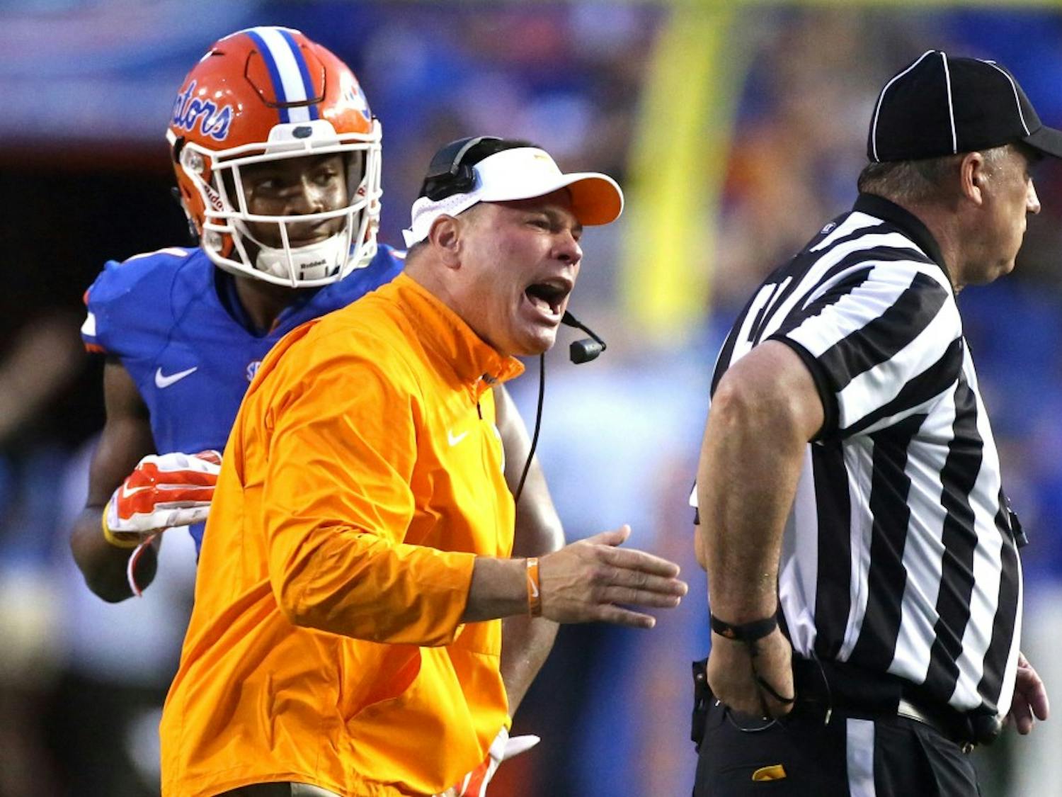 Tennessee head coach Butch Jones against Florida at Ben Hill Griffin Stadium in Gainesville, Fla., on Saturday, Sept. 26, 2015. The host Gators won, 28-27. (Joe Burbank/Orlando Sentinel/TNS)