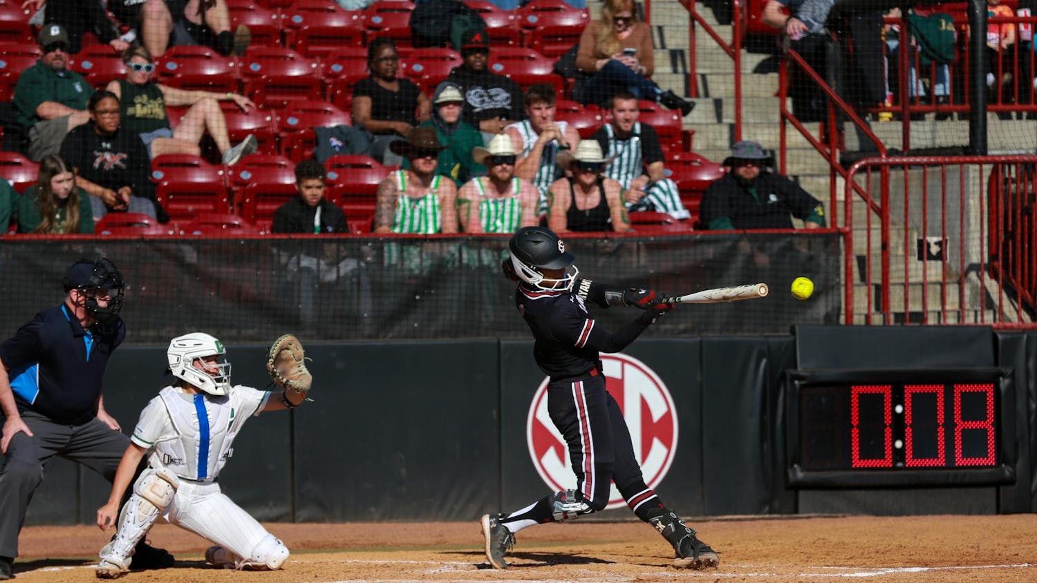 Senior infielder Denver Bryant swings at a pitch during South Carolina's matchup against UNC Charlotte at Beckham Field on Feb. 25, 2024. Bryant scored one run in the Gamecocks’ 7-2 victory.