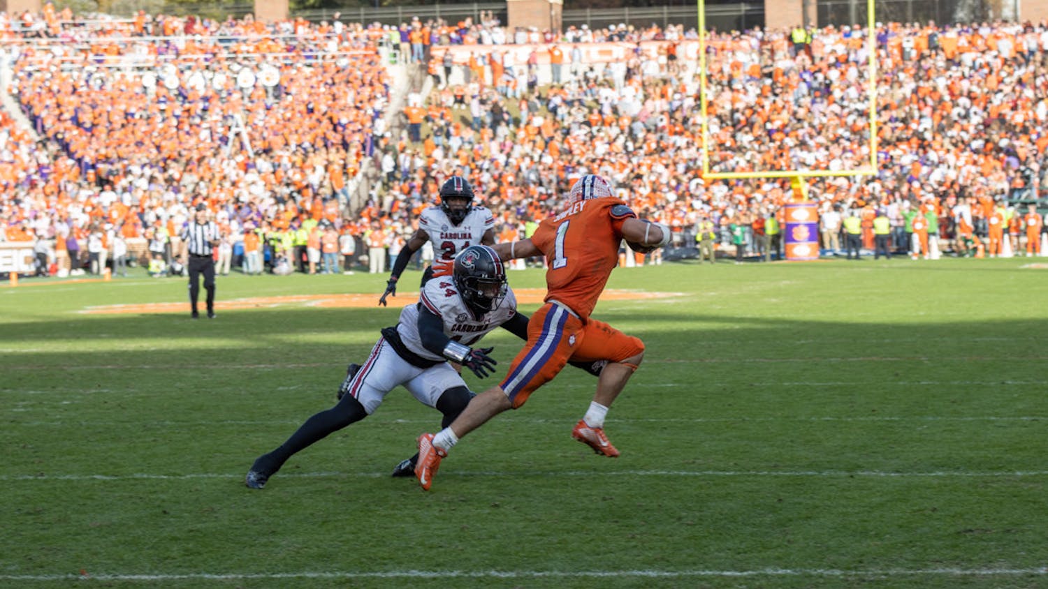 Sixth-year linebacker Sherrod Greene dives for a Clemson player on Nov. 26, 2022, at Memorial Stadium. Greene made the tackle against Clemson, bringing his total to 5 for the game.