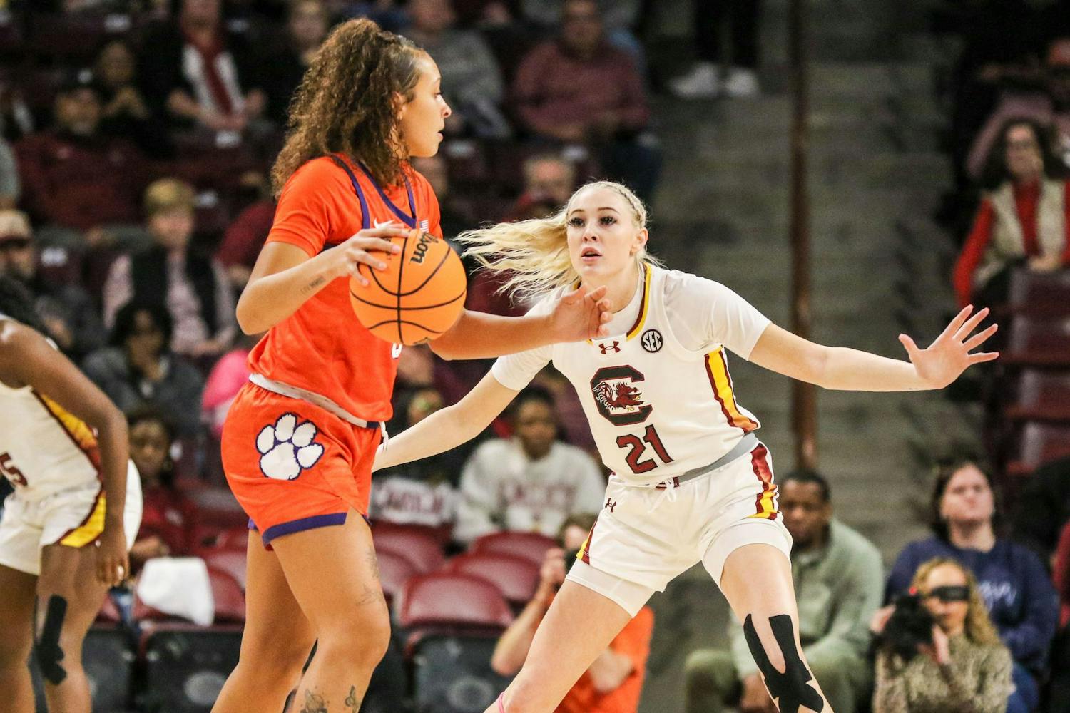 Sophomore forward Chloe Kitts plays back on defense during South Carolina’s game against Clemson at Colonial Life Arena on Nov. 16, 2023. The DME Academy alumna had one defensive rebound and one steal during the Gamecocks' 109-40 win over the Tigers.