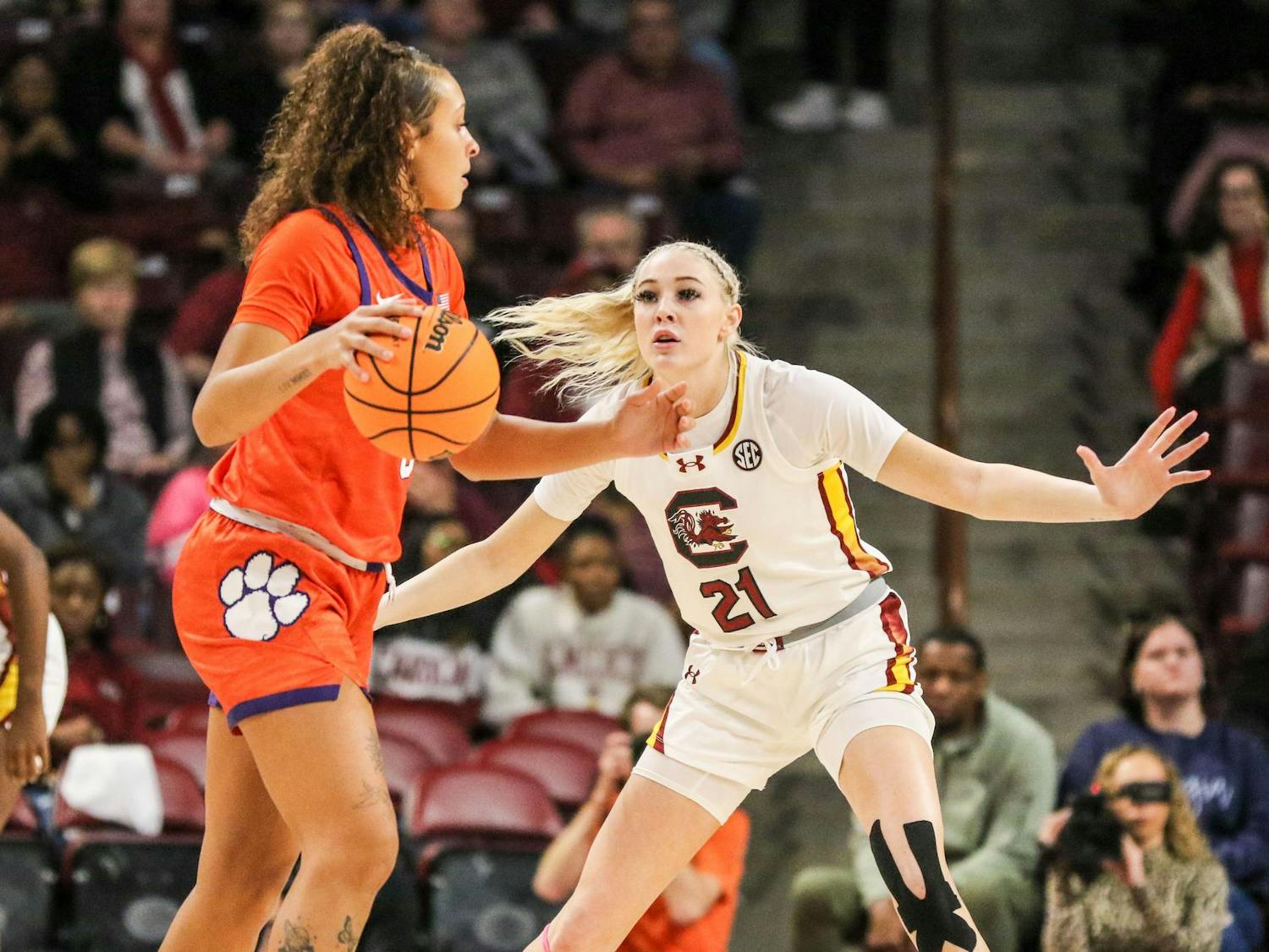 Sophomore forward Chloe Kitts plays back on defense during South Carolina’s game against Clemson at Colonial Life Arena on Nov. 16, 2023. The DME Academy alumna had one defensive rebound and one steal during the Gamecocks' 109-40 win over the Tigers.